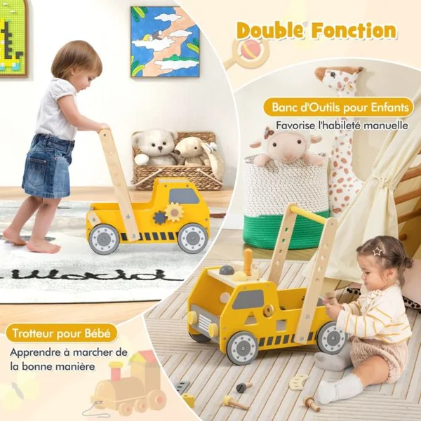 Trotteur en Bois 2 en 1 pour Bébé avec Vitesse Réglable et Rangement Inférieur Trotteur pour Enfants avec Etabli Jaune