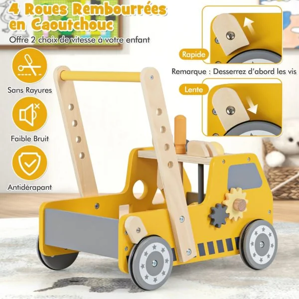 Trotteur en Bois 2 en 1 pour Bébé avec Vitesse Réglable et Rangement Inférieur Trotteur pour Enfants avec Etabli Jaune