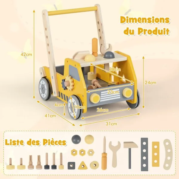 Trotteur en Bois 2 en 1 pour Bébé avec Vitesse Réglable et Rangement Inférieur Trotteur pour Enfants avec Etabli Jaune