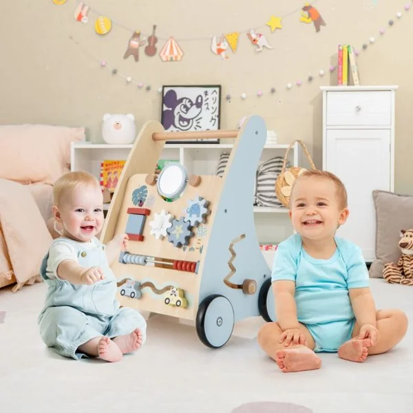 Trotteur en Bois Marcheur à Pousser et à Tirer avec Centre d'Apprentissage Multi-activités Trotteur pour Enfants Assis-debout avec Rangement