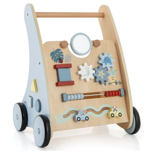 Trotteur en Bois Marcheur à Pousser et à Tirer avec Centre d'Apprentissage Multi-activités Trotteur pour Enfants Assis-debout avec Rangement
