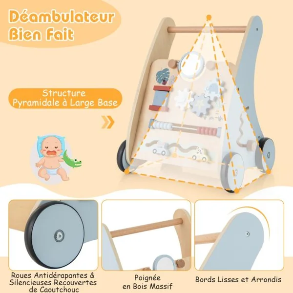 Trotteur en Bois Marcheur à Pousser et à Tirer avec Centre d'Apprentissage Multi-activités Trotteur pour Enfants Assis-debout avec Rangement