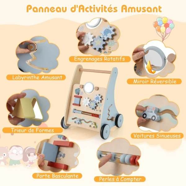 Trotteur en Bois Marcheur à Pousser et à Tirer avec Centre d'Apprentissage Multi-activités Trotteur pour Enfants Assis-debout avec Rangement