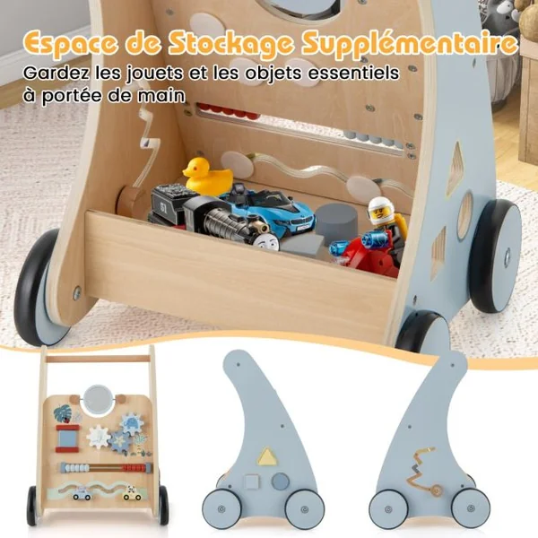 Trotteur en Bois Marcheur à Pousser et à Tirer avec Centre d'Apprentissage Multi-activités Trotteur pour Enfants Assis-debout avec Rangement