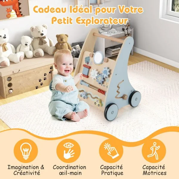 Trotteur en Bois Marcheur à Pousser et à Tirer avec Centre d'Apprentissage Multi-activités Trotteur pour Enfants Assis-debout avec Rangement