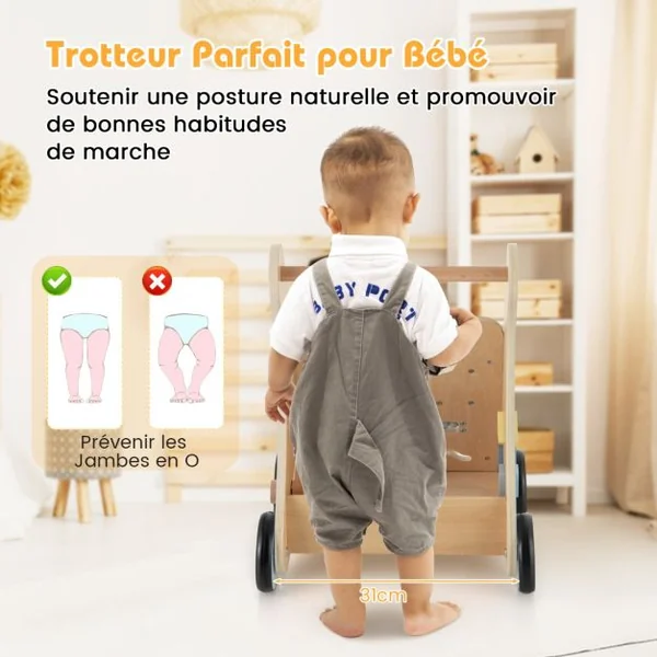 Trotteur en Bois Marcheur à Pousser et à Tirer avec Centre d'Apprentissage Multi-activités Trotteur pour Enfants Assis-debout avec Rangement