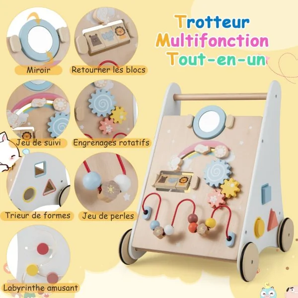 Trotteur en Bois pour Bébé Jouet d'Apprentissage de Marche Centre d'Activités 7-1 Développe la Motricité Stimule la Créativité Blanc