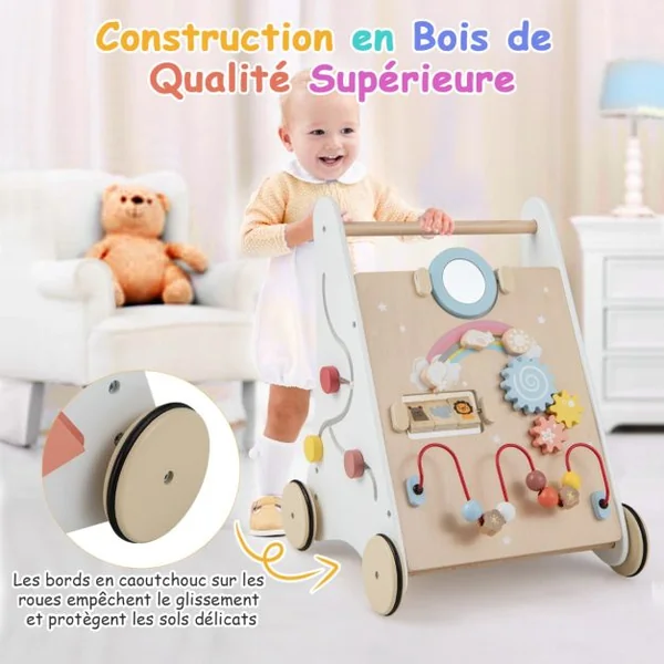 Trotteur en Bois pour Bébé Jouet d'Apprentissage de Marche Centre d'Activités 7-1 Développe la Motricité Stimule la Créativité Blanc