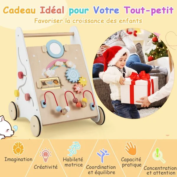 Trotteur en Bois pour Bébé Jouet d'Apprentissage de Marche Centre d'Activités 7-1 Développe la Motricité Stimule la Créativité Blanc