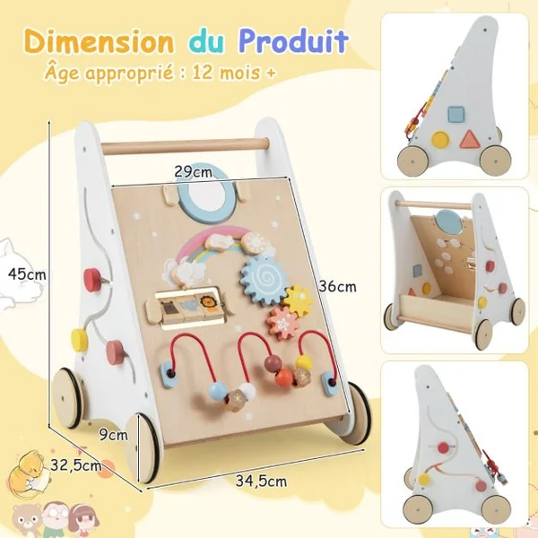 Trotteur en Bois pour Bébé Jouet d'Apprentissage de Marche Centre d'Activités 7-1 Développe la Motricité Stimule la Créativité Blanc