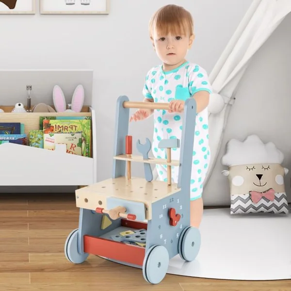Trotteur en Bois pour Bébé Trotteur 2 en 1 et Outils Jouets avec Centre Multi-activités et Rangement Inférieur Banc de Jeu Montessori