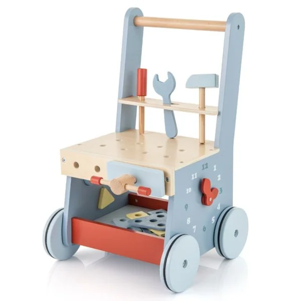 Trotteur en Bois pour Bébé Trotteur 2 en 1 et Outils Jouets avec Centre Multi-activités et Rangement Inférieur Banc de Jeu Montessori
