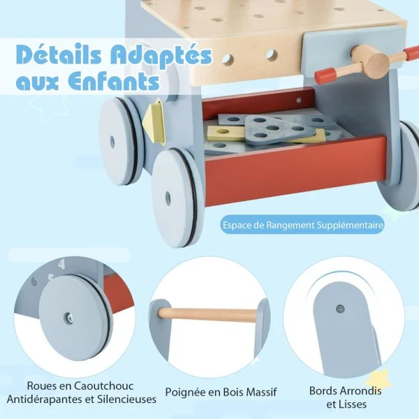 Trotteur en Bois pour Bébé Trotteur 2 en 1 et Outils Jouets avec Centre Multi-activités et Rangement Inférieur Banc de Jeu Montessori