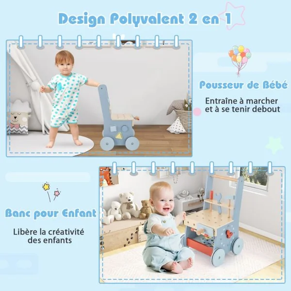 Trotteur en Bois pour Bébé Trotteur 2 en 1 et Outils Jouets avec Centre Multi-activités et Rangement Inférieur Banc de Jeu Montessori