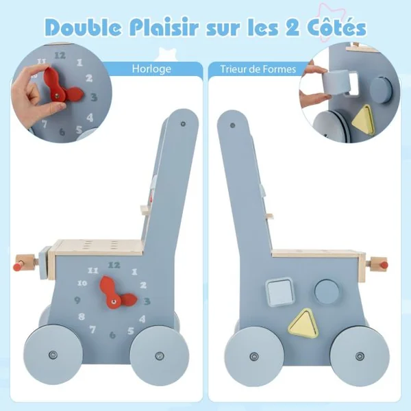 Trotteur en Bois pour Bébé Trotteur 2 en 1 et Outils Jouets avec Centre Multi-activités et Rangement Inférieur Banc de Jeu Montessori