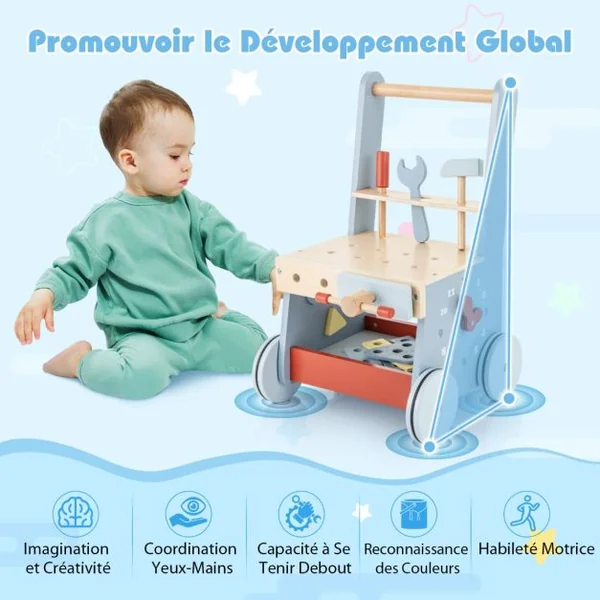 Trotteur en Bois pour Bébé Trotteur 2 en 1 et Outils Jouets avec Centre Multi-activités et Rangement Inférieur Banc de Jeu Montessori
