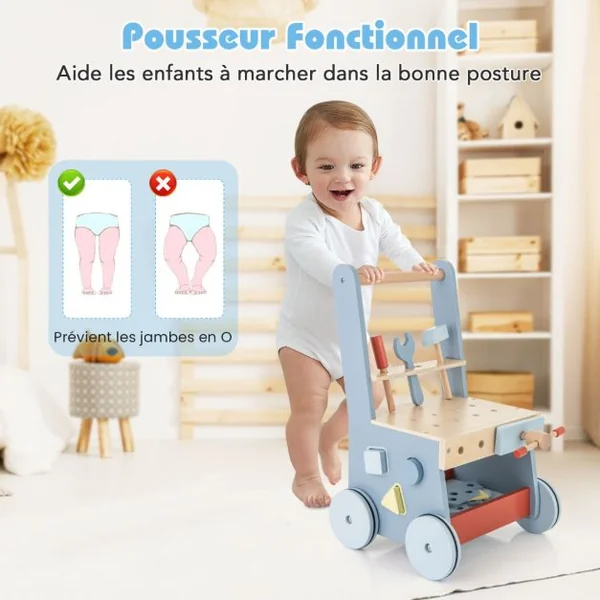 Trotteur en Bois pour Bébé Trotteur 2 en 1 et Outils Jouets avec Centre Multi-activités et Rangement Inférieur Banc de Jeu Montessori