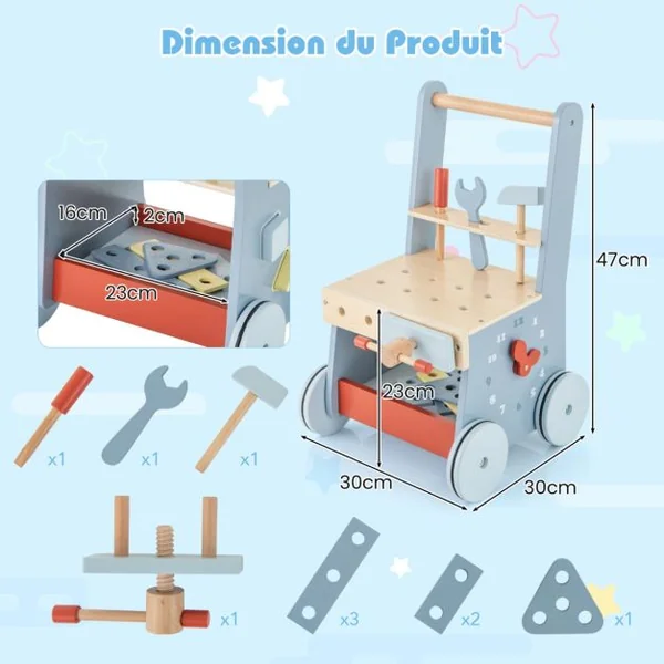 Trotteur en Bois pour Bébé Trotteur 2 en 1 et Outils Jouets avec Centre Multi-activités et Rangement Inférieur Banc de Jeu Montessori