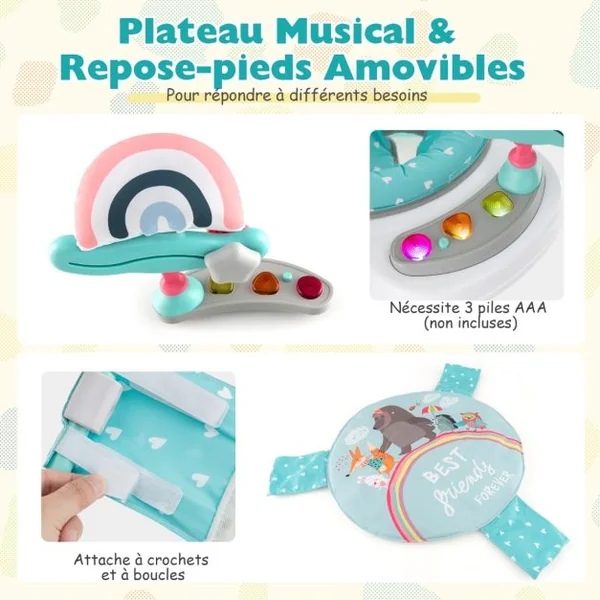 Trotteur Jungle Siège Rebondissant Réglable en Hauteur Jouets Interactifs Plateau Musical Lumières et Sons Centre de Jeu et D'apprentissage Bleu