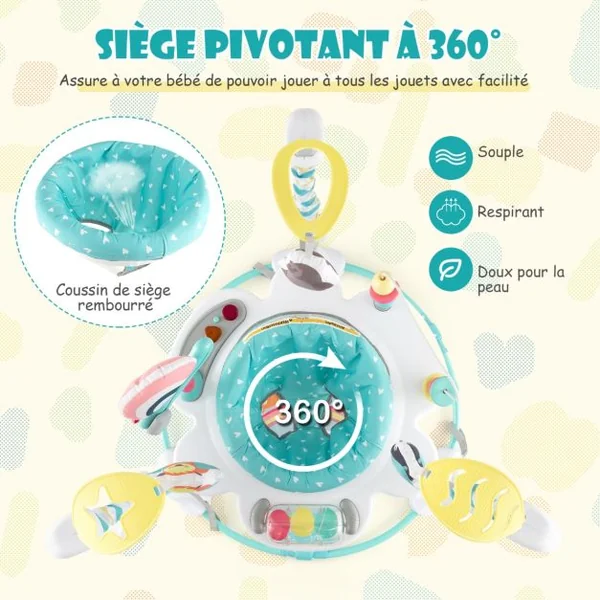 Trotteur Jungle Siège Rebondissant Réglable en Hauteur Jouets Interactifs Plateau Musical Lumières et Sons Centre de Jeu et D'apprentissage Bleu