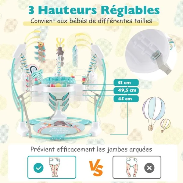 Trotteur Jungle Siège Rebondissant Réglable en Hauteur Jouets Interactifs Plateau Musical Lumières et Sons Centre de Jeu et D'apprentissage Bleu