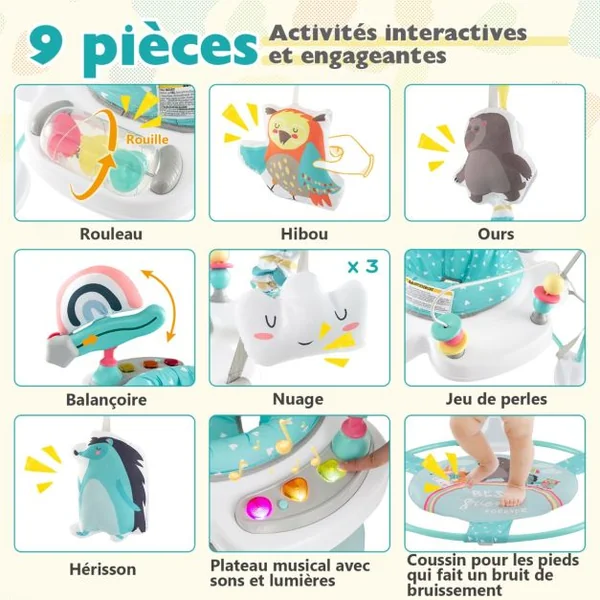 Trotteur Jungle Siège Rebondissant Réglable en Hauteur Jouets Interactifs Plateau Musical Lumières et Sons Centre de Jeu et D'apprentissage Bleu