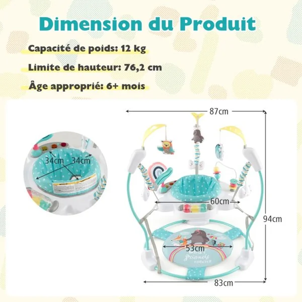 Trotteur Jungle Siège Rebondissant Réglable en Hauteur Jouets Interactifs Plateau Musical Lumières et Sons Centre de Jeu et D'apprentissage Bleu