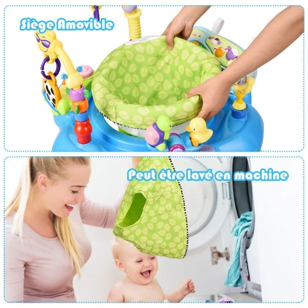 Trotteur Musical Évolutif Bébé 2 en 1 Table d'Activités Siège Pivotant à 360° 3 Hauteurs Réglables 5 Jouets Sensoriels Bleu