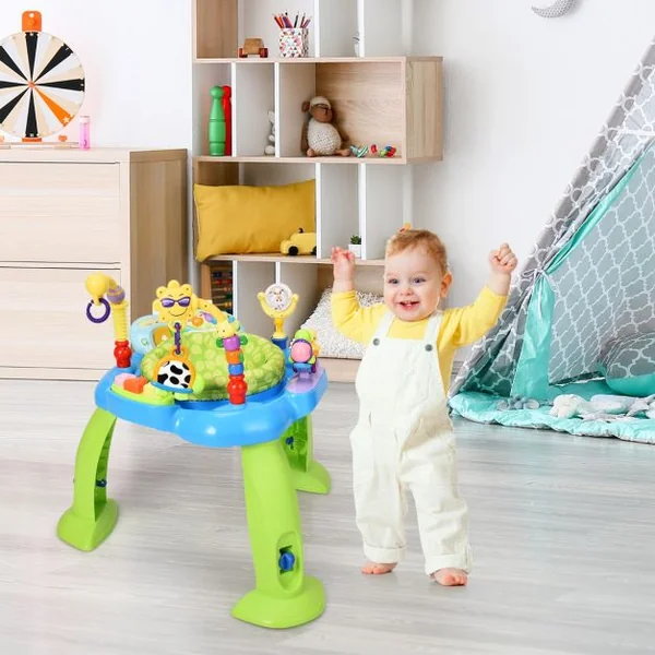 Trotteur Musical Évolutif Bébé 2 en 1 Table d'Activités Siège Pivotant à 360° 3 Hauteurs Réglables 5 Jouets Sensoriels Bleu