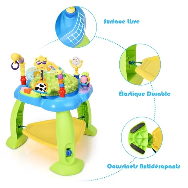 Trotteur Musical Évolutif Bébé 2 en 1 Table d'Activités Siège Pivotant à 360° 3 Hauteurs Réglables 5 Jouets Sensoriels Bleu