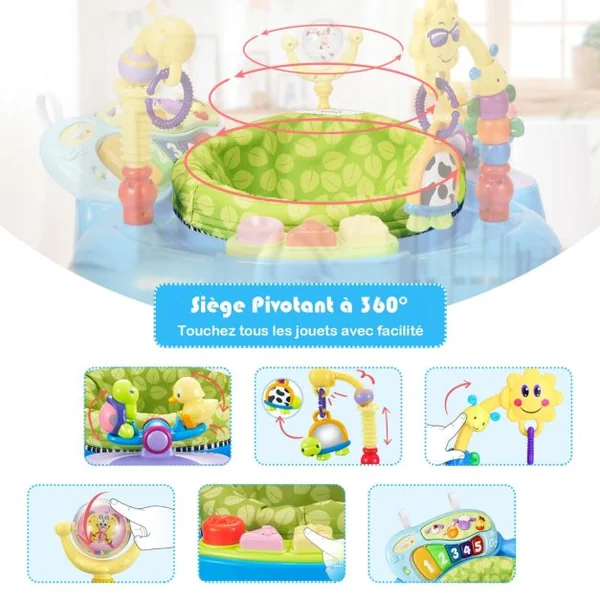 Trotteur Musical Évolutif Bébé 2 en 1 Table d'Activités Siège Pivotant à 360° 3 Hauteurs Réglables 5 Jouets Sensoriels Bleu