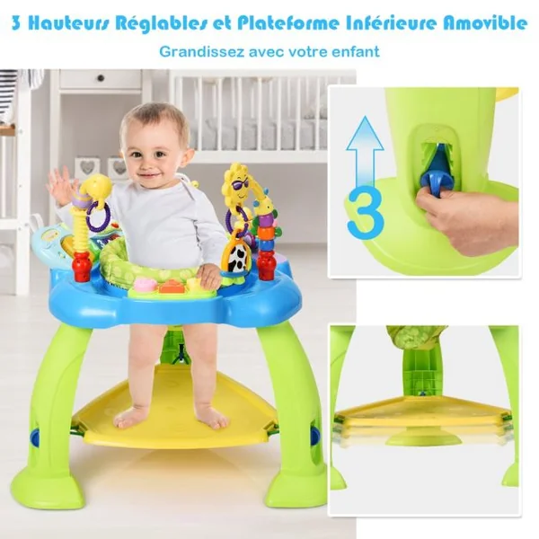 Trotteur Musical Évolutif Bébé 2 en 1 Table d'Activités Siège Pivotant à 360° 3 Hauteurs Réglables 5 Jouets Sensoriels Bleu