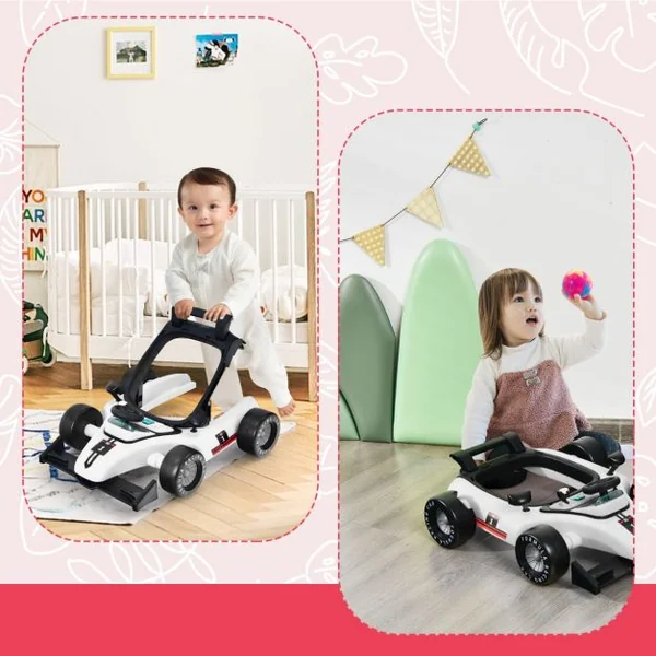 Trotteur Pliable 4 en 1 Pousseur Hauteur et Vitesse Réglables Boîte à Musique avec Lumière Volant Apparence de Voiture Blanc