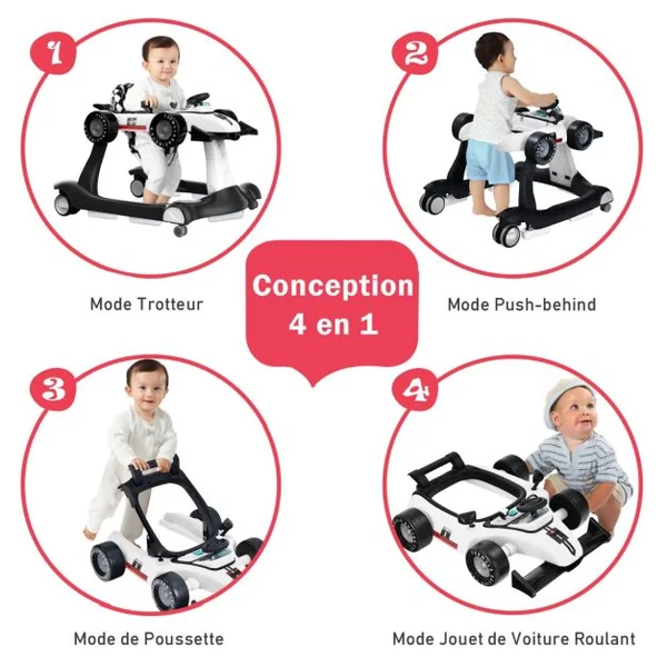 Trotteur Pliable 4 en 1 Pousseur Hauteur et Vitesse Réglables Boîte à Musique avec Lumière Volant Apparence de Voiture Blanc
