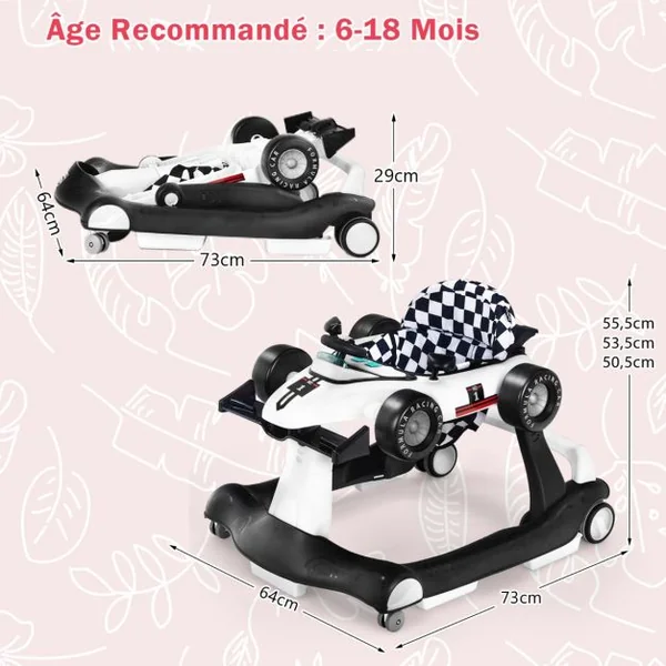 Trotteur Pliable 4 en 1 Pousseur Hauteur et Vitesse Réglables Boîte à Musique avec Lumière Volant Apparence de Voiture Blanc