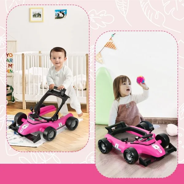 Trotteur Pliable 4 en 1 Pousseur Hauteur et Vitesse Réglables Boîte à Musique avec Lumière Volant Apparence de Voiture Blanc + Rose