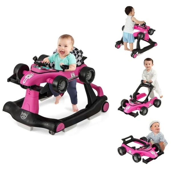 Trotteur Pliable 4 en 1 Pousseur Hauteur et Vitesse Réglables Boîte à Musique avec Lumière Volant Apparence de Voiture Blanc + Rose