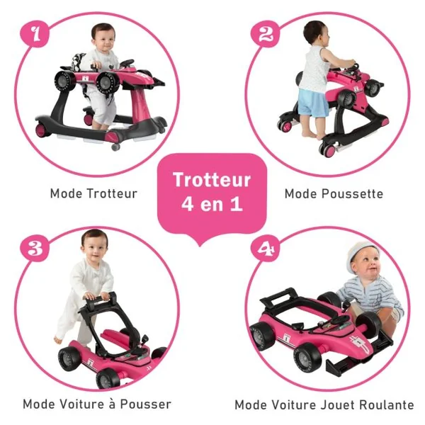 Trotteur Pliable 4 en 1 Pousseur Hauteur et Vitesse Réglables Boîte à Musique avec Lumière Volant Apparence de Voiture Blanc + Rose