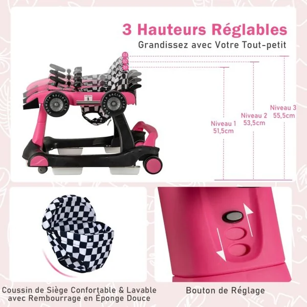 Trotteur Pliable 4 en 1 Pousseur Hauteur et Vitesse Réglables Boîte à Musique avec Lumière Volant Apparence de Voiture Blanc + Rose