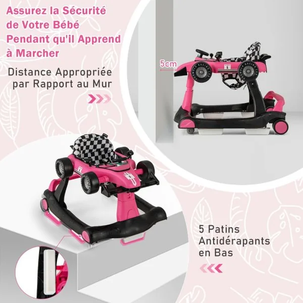 Trotteur Pliable 4 en 1 Pousseur Hauteur et Vitesse Réglables Boîte à Musique avec Lumière Volant Apparence de Voiture Blanc + Rose