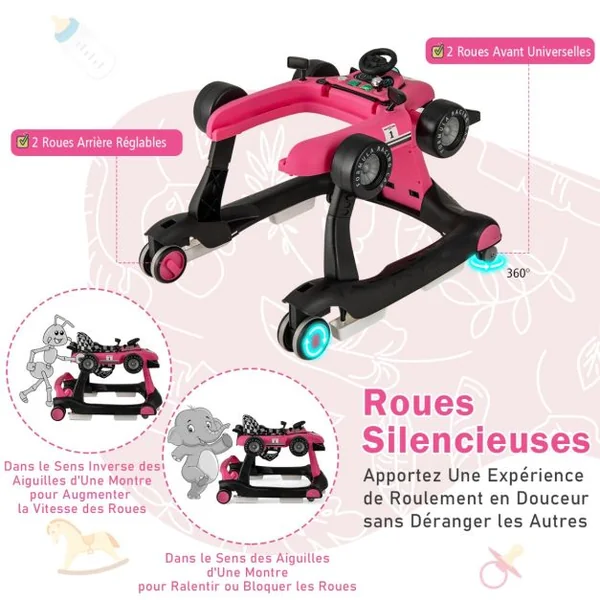 Trotteur Pliable 4 en 1 Pousseur Hauteur et Vitesse Réglables Boîte à Musique avec Lumière Volant Apparence de Voiture Blanc + Rose