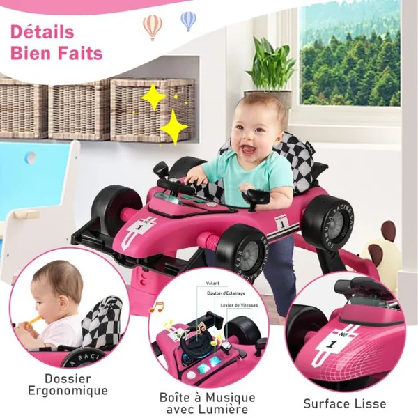 Trotteur Pliable 4 en 1 Pousseur Hauteur et Vitesse Réglables Boîte à Musique avec Lumière Volant Apparence de Voiture Blanc + Rose