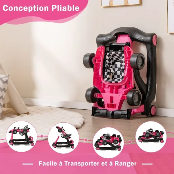 Trotteur Pliable 4 en 1 Pousseur Hauteur et Vitesse Réglables Boîte à Musique avec Lumière Volant Apparence de Voiture Blanc + Rose