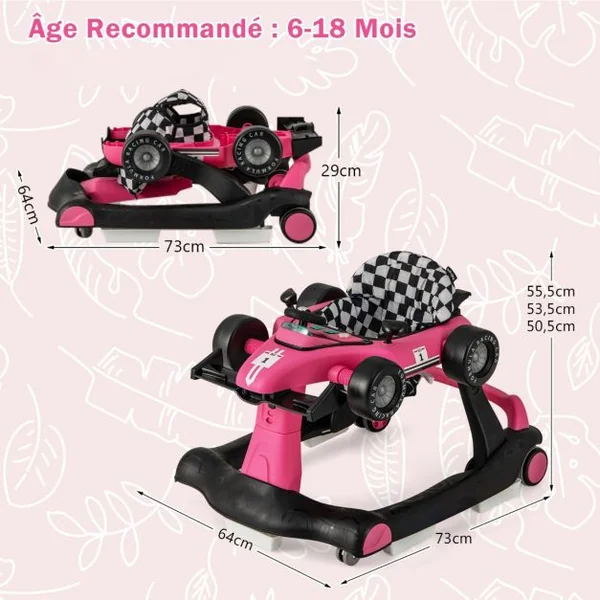 Trotteur Pliable 4 en 1 Pousseur Hauteur et Vitesse Réglables Boîte à Musique avec Lumière Volant Apparence de Voiture Blanc + Rose