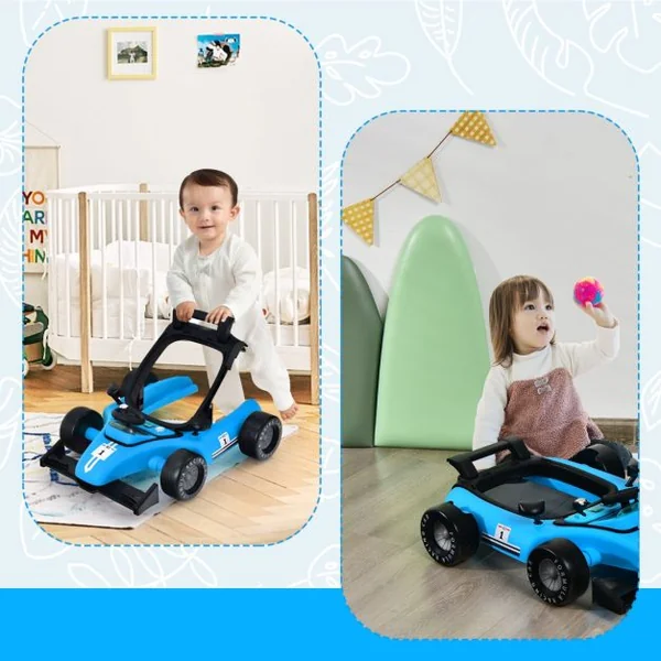 Trotteur Pliable 4 en 1 Pousseur Hauteur et Vitesse Réglables Boîte à Musique avec Lumière Volant Apparence de Voiture Bleu