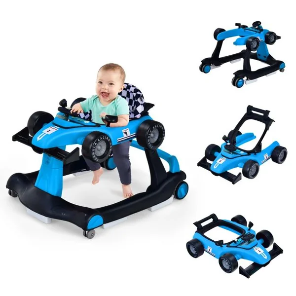Trotteur Pliable 4 en 1 Pousseur Hauteur et Vitesse Réglables Boîte à Musique avec Lumière Volant Apparence de Voiture Bleu