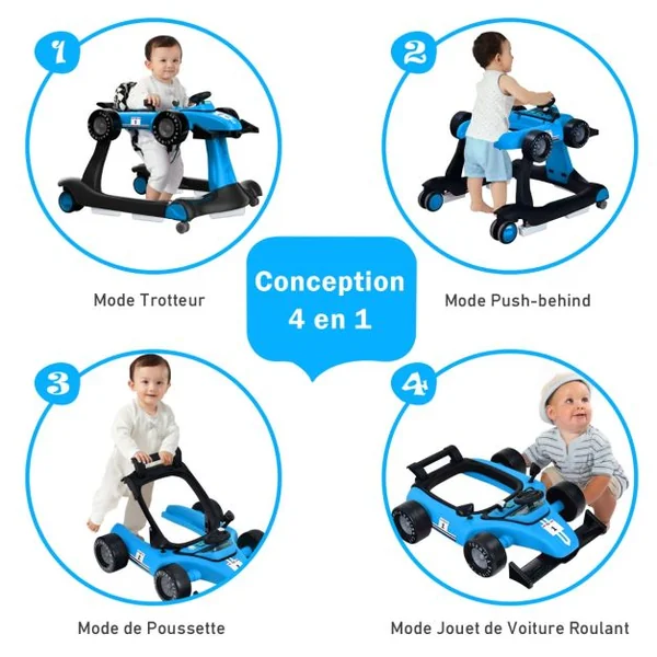 Trotteur Pliable 4 en 1 Pousseur Hauteur et Vitesse Réglables Boîte à Musique avec Lumière Volant Apparence de Voiture Bleu