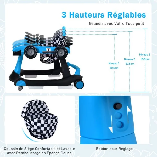 Trotteur Pliable 4 en 1 Pousseur Hauteur et Vitesse Réglables Boîte à Musique avec Lumière Volant Apparence de Voiture Bleu