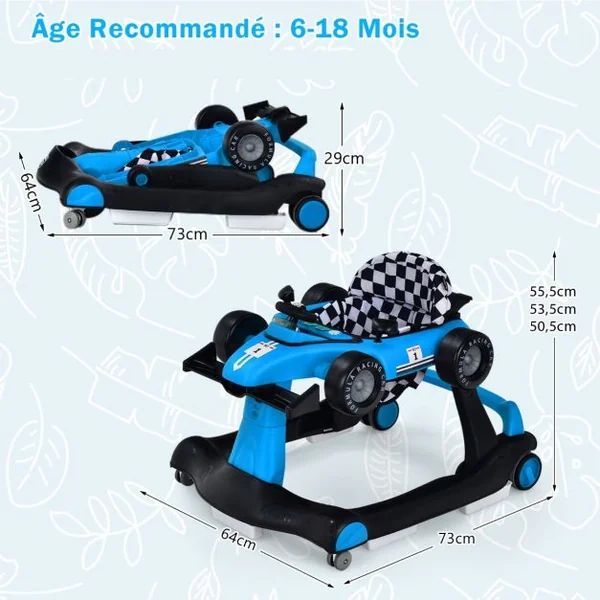 Trotteur Pliable 4 en 1 Pousseur Hauteur et Vitesse Réglables Boîte à Musique avec Lumière Volant Apparence de Voiture Bleu