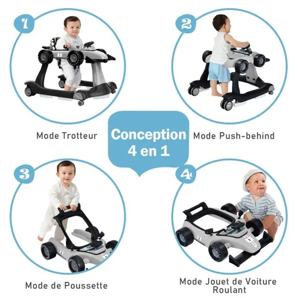 Trotteur Pliable 4 en 1 Pousseur Hauteur et Vitesse Réglables Boîte à Musique avec Lumière Volant Apparence de Voiture Gris